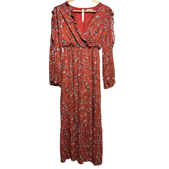 Mi Ami Floral Tiered Cottage Maxi‎ Dress Womens XS Rust Flare Sleeve Ruffle Boho - Picture 1 of 15